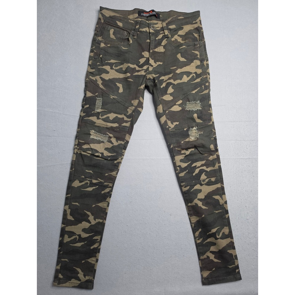 Copper Rivet Jeans Men 30x32 Green Denim Camouflage Cotton Distressed Skinny Leg